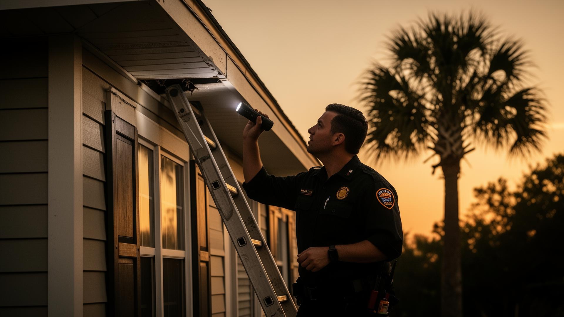 IronGate technician inspecting eaves of a Galveston County home at dusk